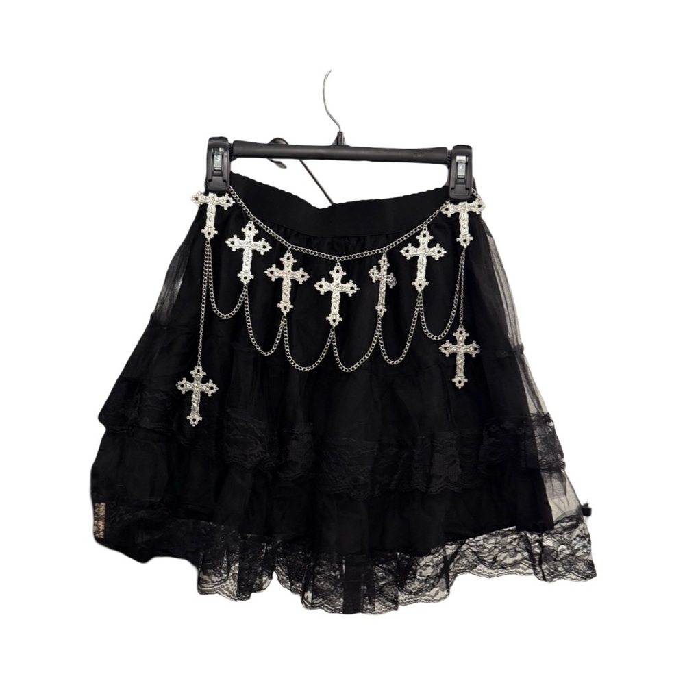 Goth Glam Black Skirt with Cross-Chain